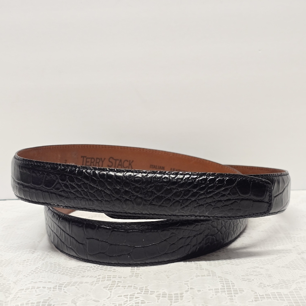 Vintage Terry Stack Black Hook and Loop Italian Leather Croco Embossed Belt